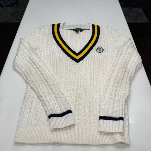 Ralph Lauren Women’s Cable-Knit  V-Neck Sweater White Navy/yellow Trim Sz M - Picture 11 of 16